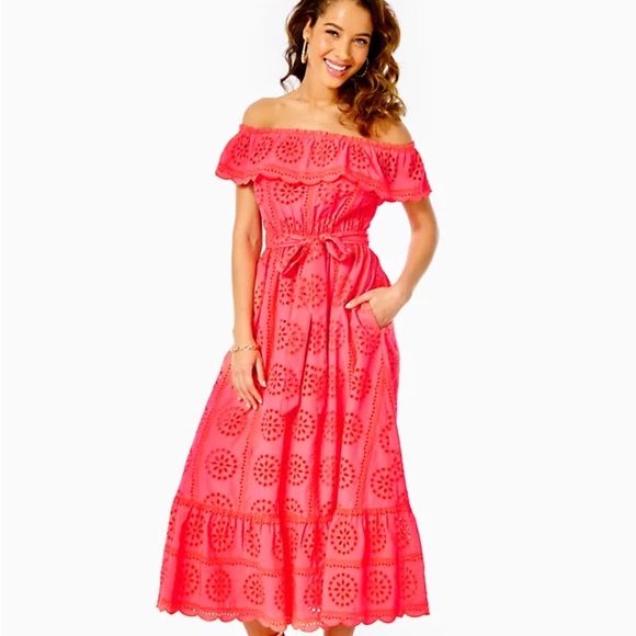 Lilly Pulitzer Liabella Eyelet Off-the-Shoulder Midi Dress LIKE NEW - Picture 1 of 3